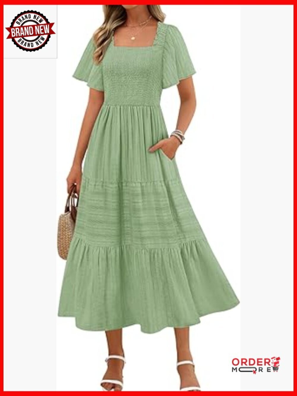 Flowy Midi Dress with Pockets Square Neck Smocked Boho